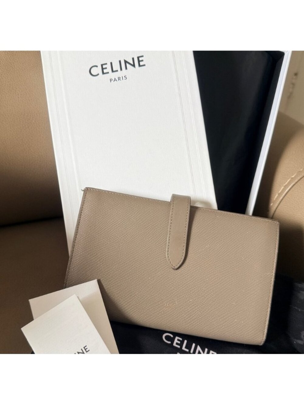 Celine Large Strap Wallet in Grained Calfskin Pebble Taupe/Gray Authentic